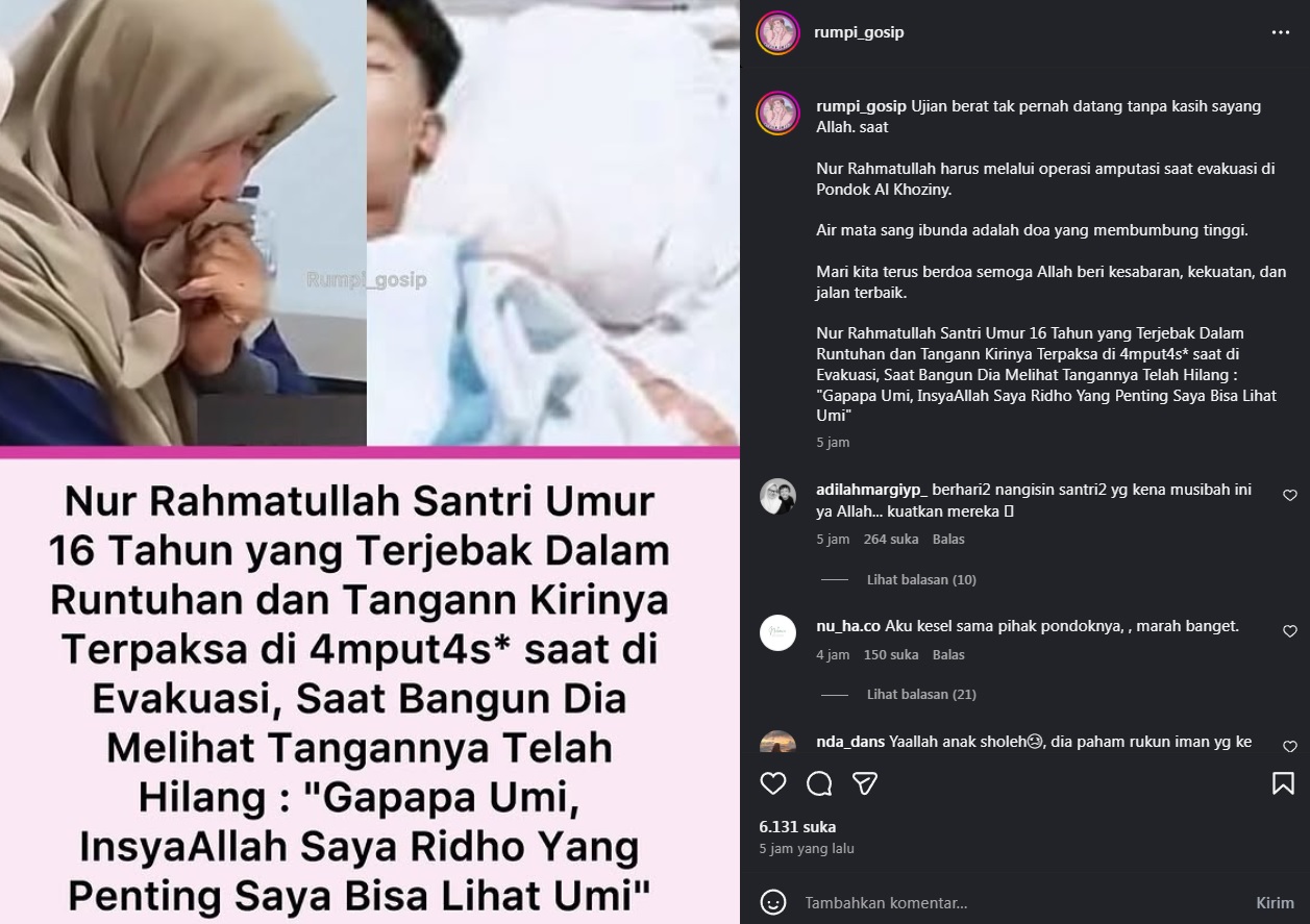 Santri Ponpes Al Khoziny ikhlas tangan kirinya diamputasi usai terjepit reruntuhan bangunan